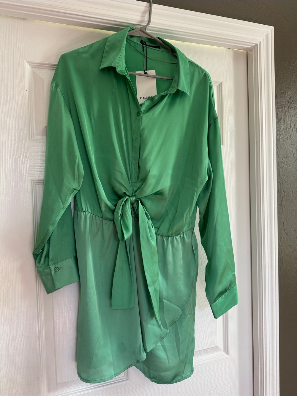 Pull&Bear Emerald Green Tie-Front Long Sleeve Dress